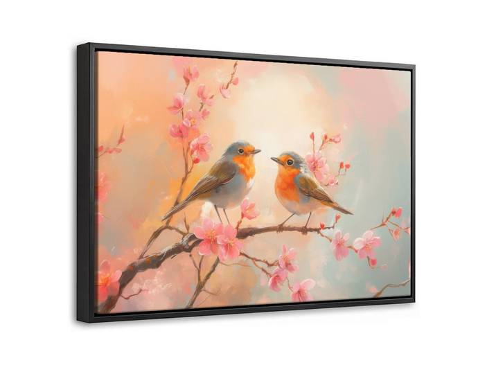 MuchoWow Leinwand Bilder mit Rahmen - Rotkehlchen - Zierpflanze - Blütenzweig - 30x20, Hellrosa, Rechteckig, 30x20 cm, gerahmt, Bilder & Rahmen, Bilder, Leinwandbilder