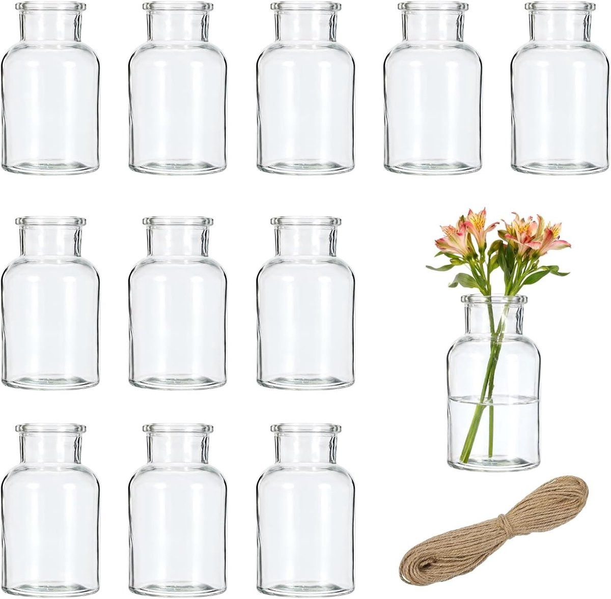 Set van 12 minimalistische glazen mini bloemenvaasjes voor tafeldecoratie, Hoogte: 10 cm