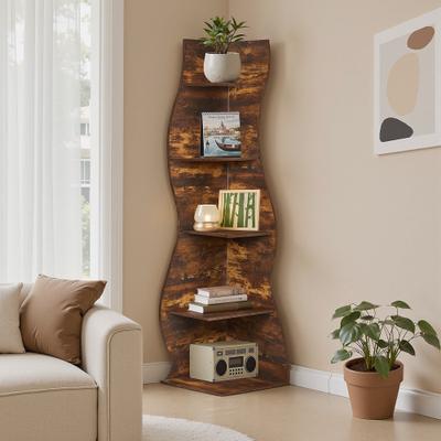 "Javlergo 5-Tier Corner Bookshelf with Wavy Curved Design 70"" Tall Floor Open Shelves for Living Room & Home Office"