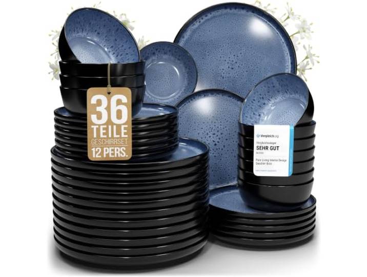 Steingut Geschirrset 12 Personen Ibiza 36 tlg. TESTSIEGER, Traumhaftes Mediterranes Steingut Geschirr Set, Schüssel- und Teller Set, Tafelservice 12 Personen, Geschirrsets Pure Living in Tiefblau