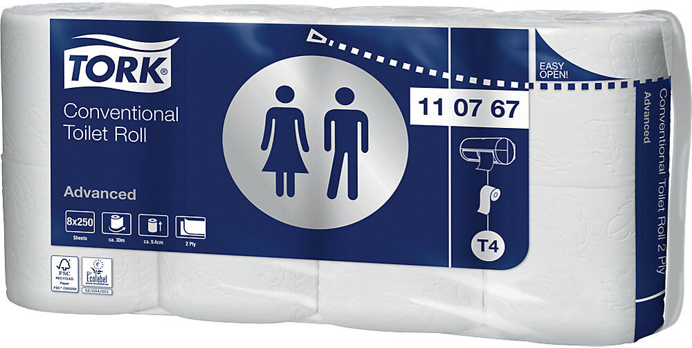 Toilettenpapier, Haushaltsrolle, Tissue, 2-lagig, weiß, VE 64 Rollen à 250 Blatt, ab 21 VE TORK