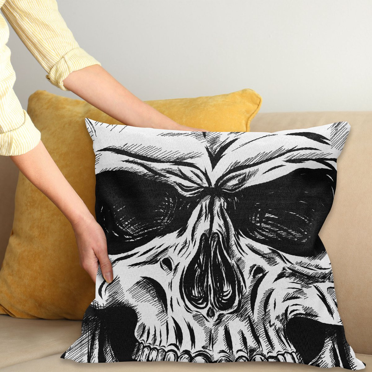 ABAKUHAUS Halloween Sierkussenhoes Gothic Dead Schedel Face Close up Schets Evil Anatomy Skeleton Illustratie, Zwart Wit, 65 x 65 cm