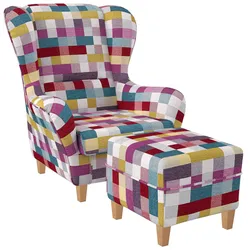 Supellex Sofia Ohrensessel mit Hocker   Design Patchwork kariert bunt
