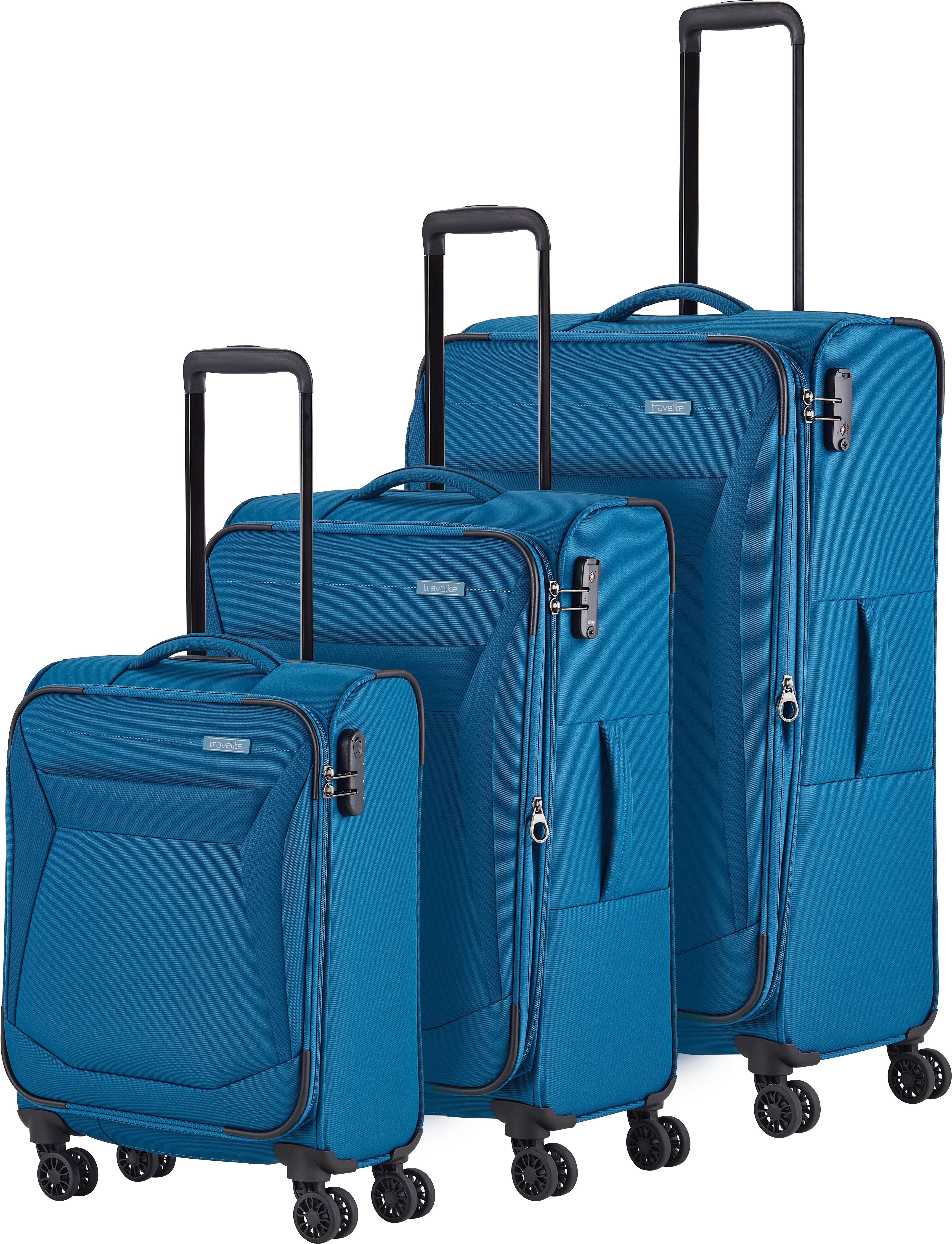 Trolleyset TRAVELITE "CHIOS 3-teilig Weichgepäck", Damen, blau (petrol), Polyester, unifarben, Koffer-Sets Trolleyset, erweiterbares Volumen – flexibles Reisegepäck