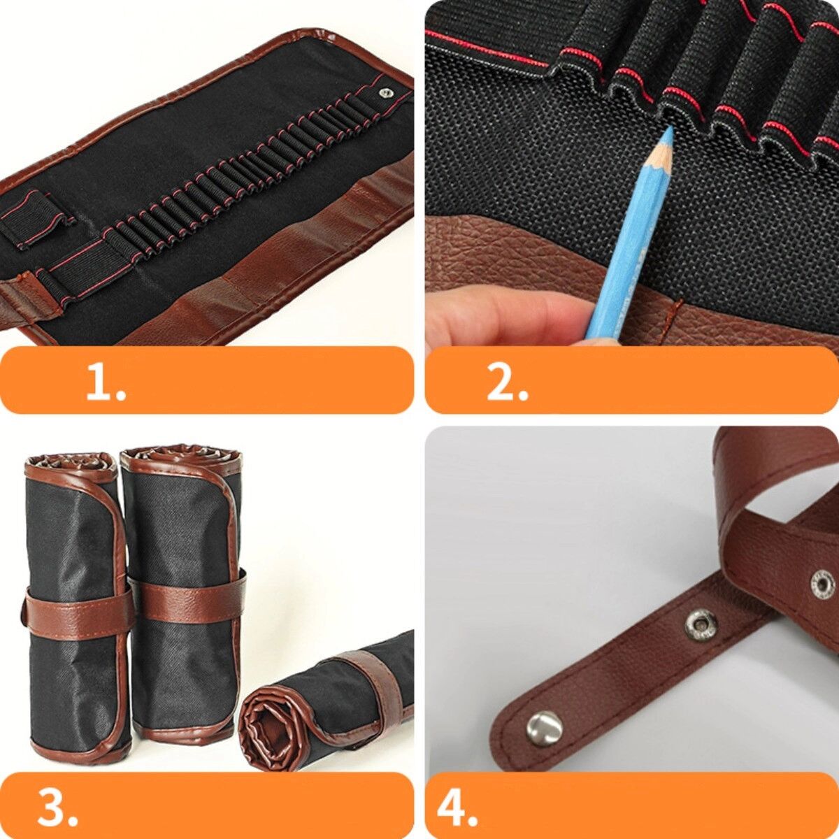 INF Étui à crayons enroulable 72 emplacements en tissu Oxford noir pour crayons, marqueurs, pinceaux et crayons de couleur