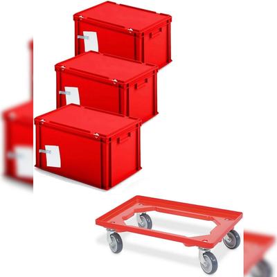 BRB 3x Archivboxen für je 7 Ordner (A4, breiter Rücken), rot, inkl. Transportroller, rot