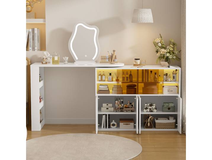 Coiffeuse Pivotante Avec Éclairage Led\, Grand Espace De Rangement\, Meuble 2-en-1 Pour Chambre\, 177x40x131\,5 Cm\, Blanc
