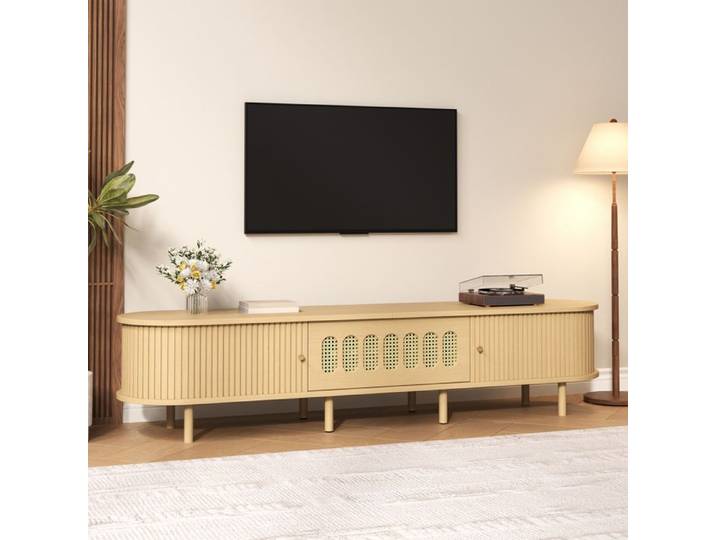 VUENOR Meuble TV 180 x 40 x 40 cm bois clair – 5 compartiments fermés cannage et portes à rideau
