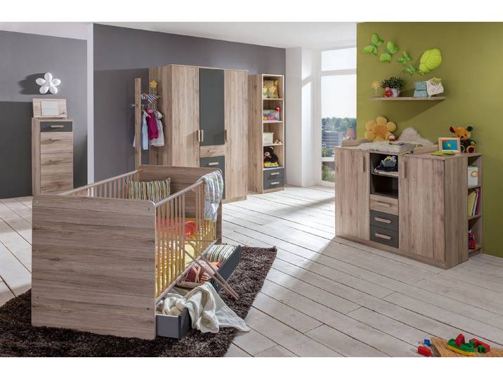 möbel-direkt.de Babyzimmer-Komplettset Cariba in Eiche San Remo und Graphit, (Komplett Set, 8-tlg., Kleiderschrank, Babybett, Umbauseiten, Bettschubkasten), Made in Germany, umbaubare Wickelkommode mit Soft Close