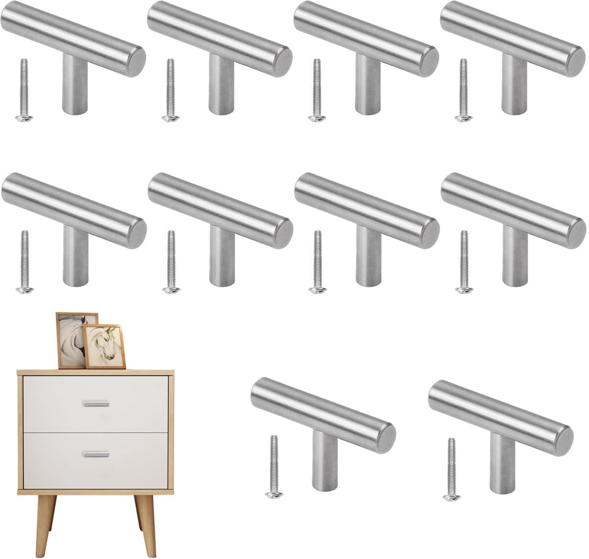 Dailygoods Dokeno 10 stuks T-bar keukenmeubelgrepen, roestvrij staal, één gat met schroeven
