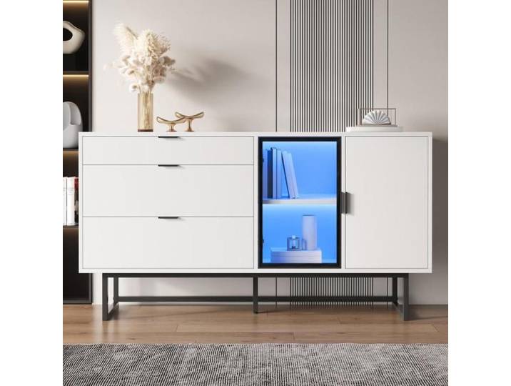Buffet - KOMHTOM - Moderne - Blanc - 160x36x78 cm - LED réglable 3 tiroirs & vitrine