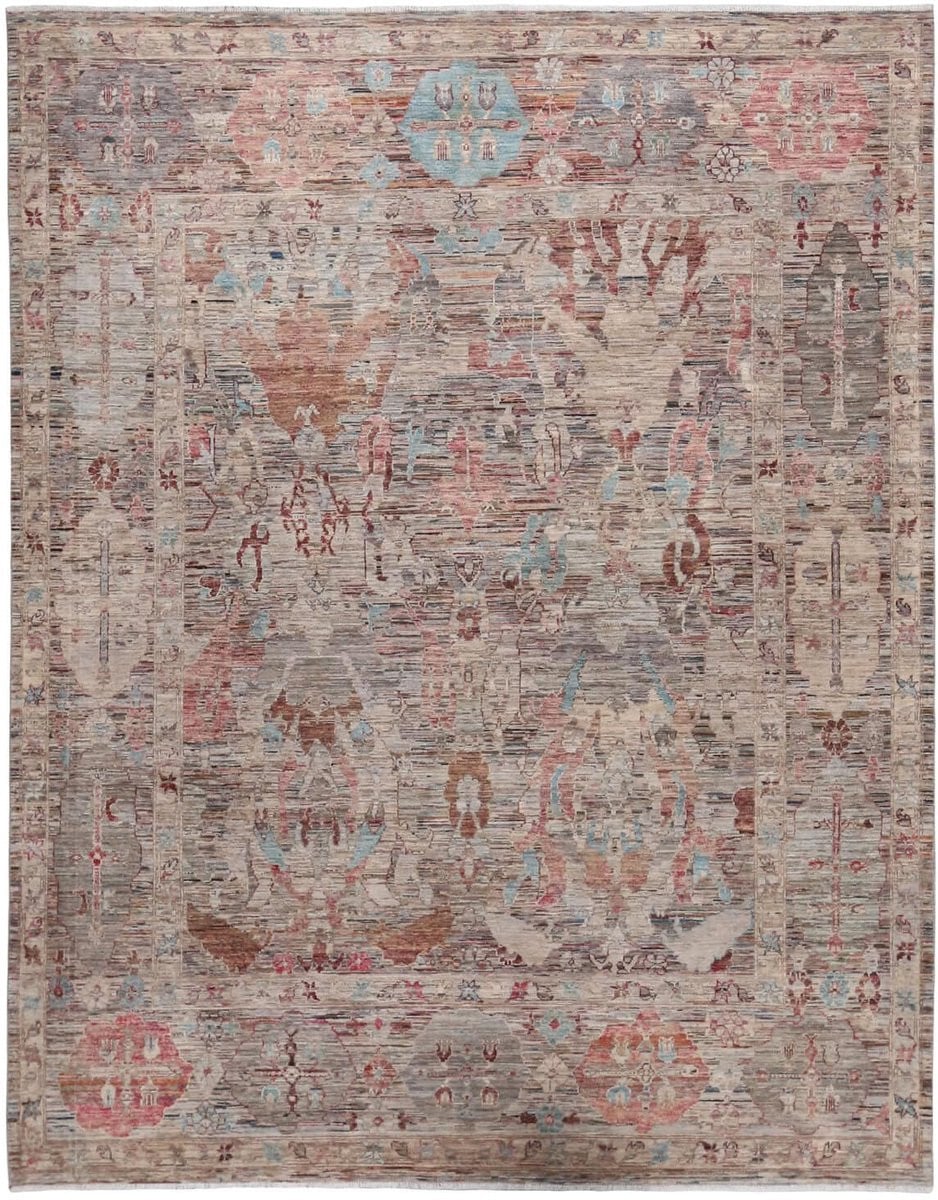 Authentiek handgeknoopt Afghans Art Deco gebiedstapijt met geometrisch patroon in bruin, beige, wit en meerkleurig, Wol