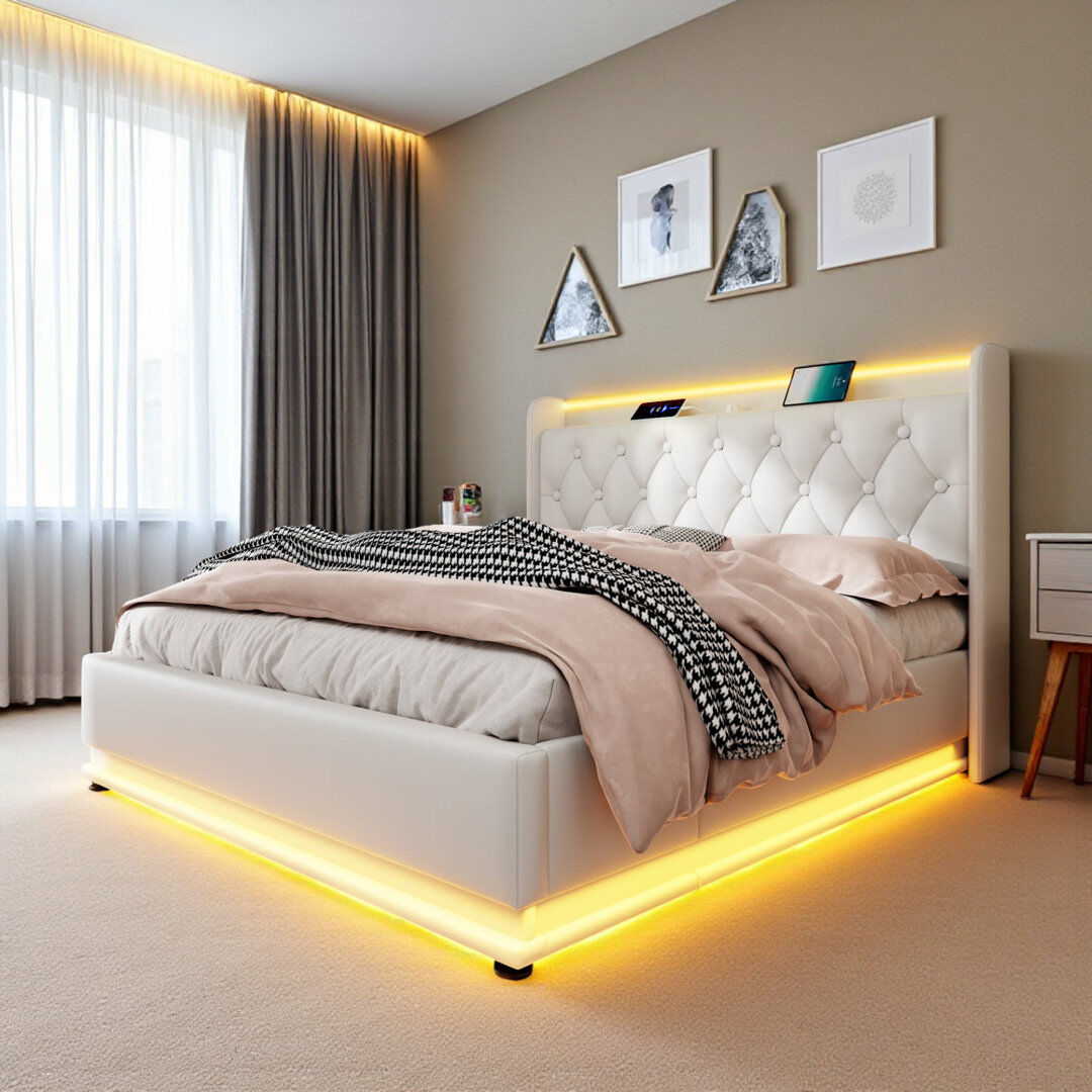 Lark Manor Upholstered 4Ft6 Ottoman Bed Frame With 360 Surround Led Function With Charging Function Hydraulic Storage Bed Frame With Large Storage Space (No Mat White Faux Leather Kingsize (5')