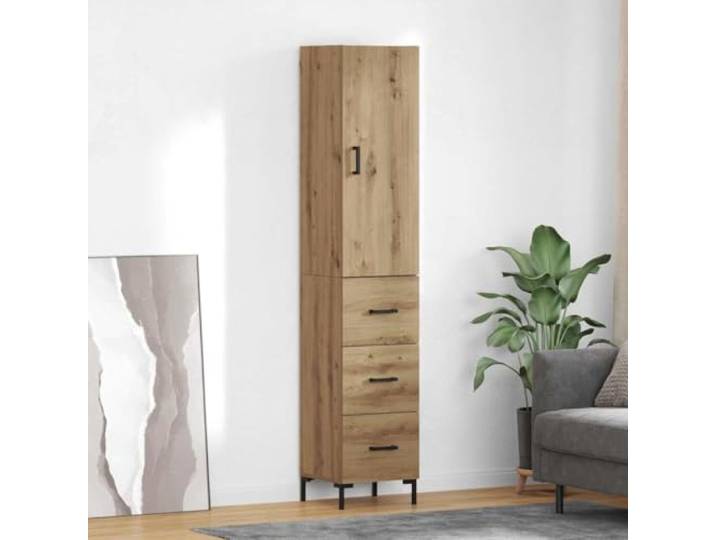 Elegantes Highboard Artisan-Eiche mit Metallfüßen, Highboard aus Holzwerkstoff langlebig fürs Wohnzimmer, Stauraum Schrank mit praktischer Tür, Weißes fürs Wohnzimmer