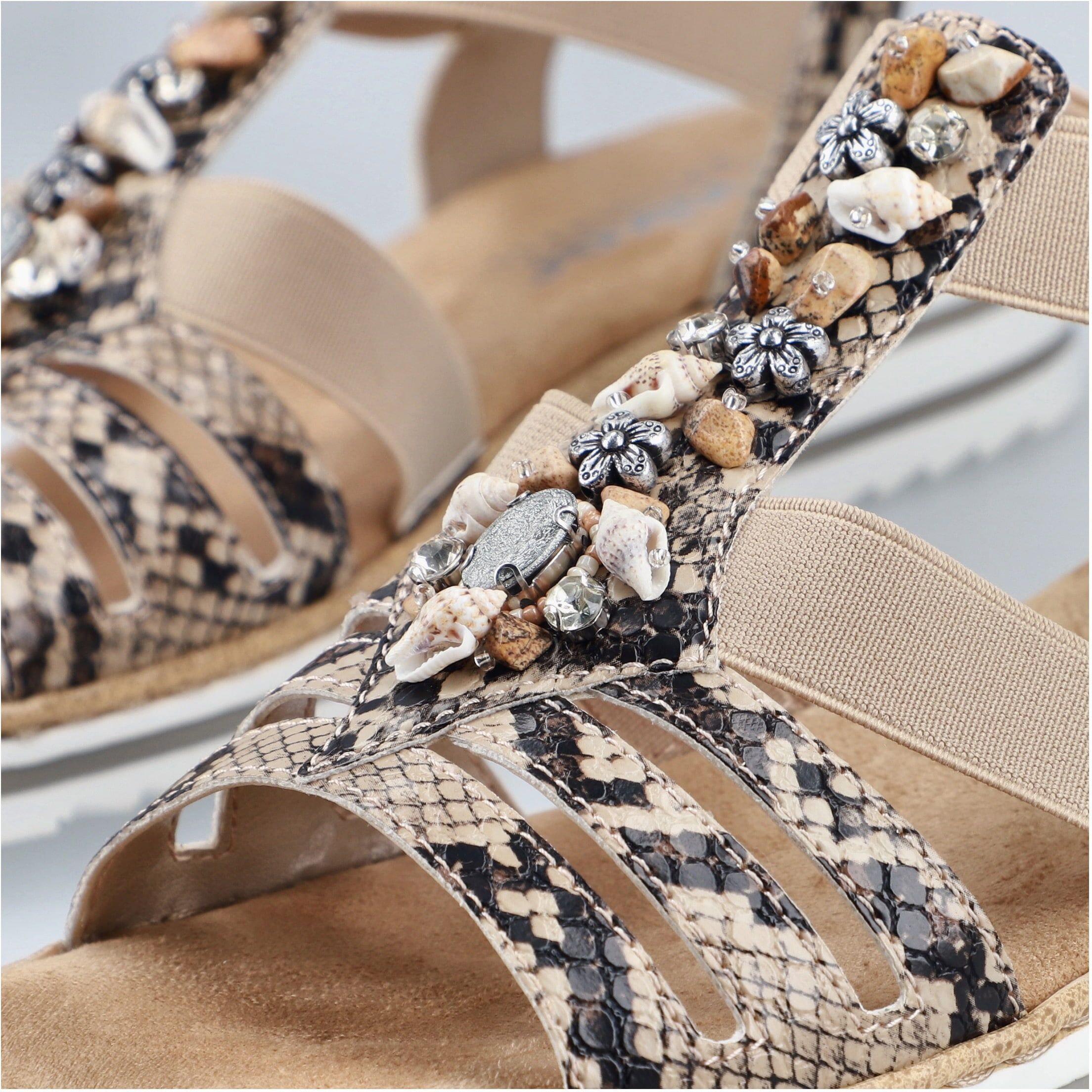 Sandale RIEKER, Damen, Gr. 40, beige (natur), Lederimitat, Reptilienprägung, Schuhe Sandale, Sommerschuh, Sandalette, Keilabsatz, mit sommerlicher Verzierung