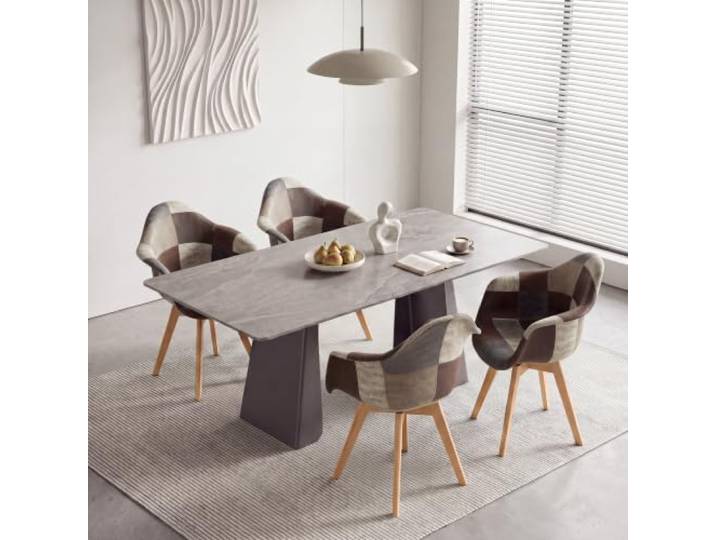 HJhomeheart 4er Esszimmerstühle aus Patchwork-Stoff mit Armlehnen, Moderner Design-Sessel, Skandinavischer Küchenstuhl aus Buchenholz (Brun)