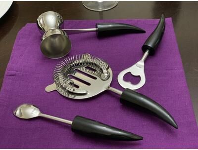 Vibhsa Handmade Horn-Shaped Handle Silver & Black Stainless Steel Bar Tool Set, 4-Piece