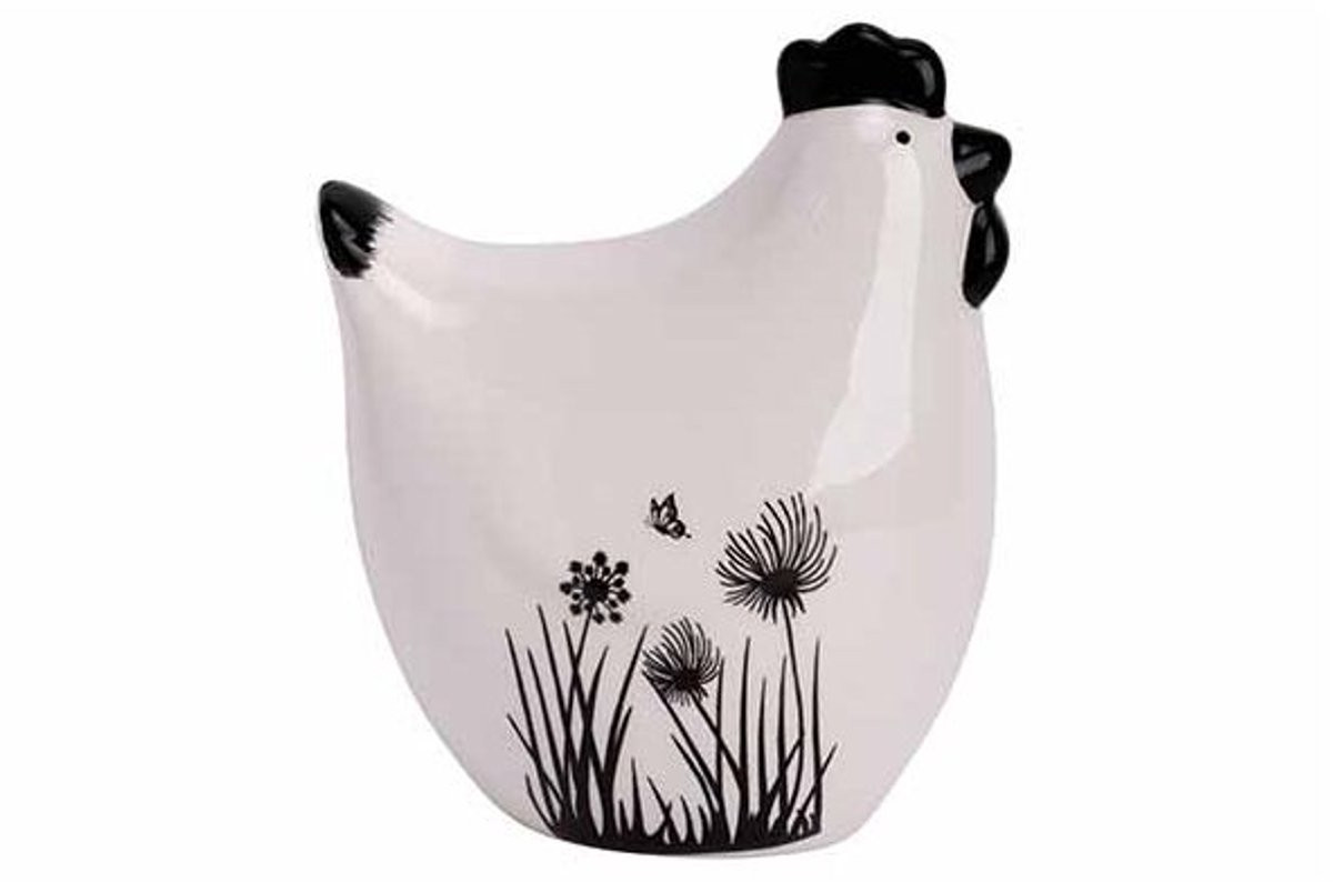 Cosy @ Home Kip Flowers Wit - Zwart met Ere Dolomiet, B/D/H: 8 x 5,5 x 9,5 cm
