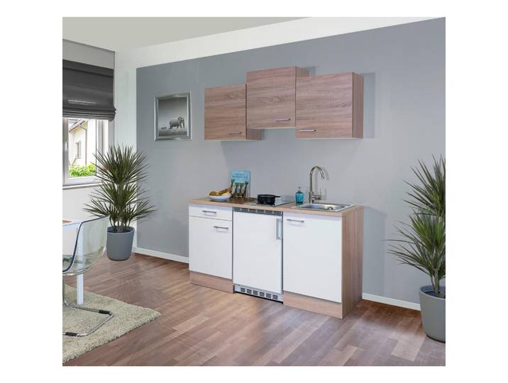 FlexWell Miniküche, Weiß, Sonoma Eiche, 1 Schublade(n) Schubladen, einmalig seitenverkehrt montierbar, nur wie online abgebildet bestellbar, E, 150.5 cm, Made in Germany, links aufbaubar, rechts aufbaubar, Küchen, Miniküchen