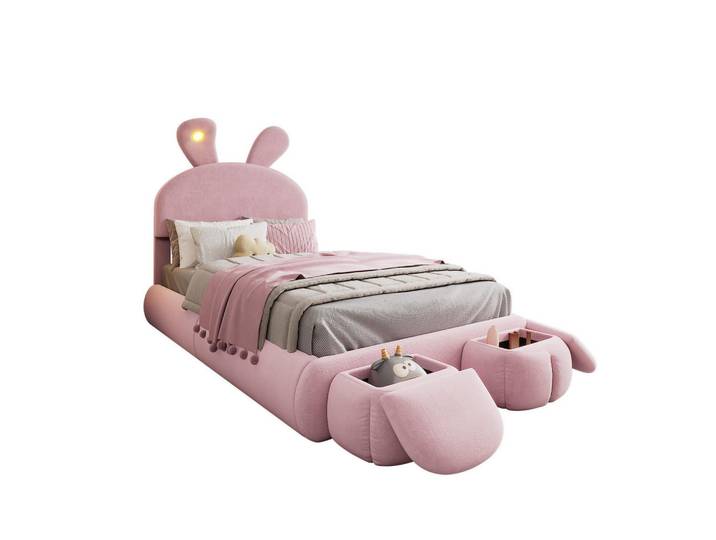 Okwish Polsterbett 90/200 cm Rosa Hasenohren mit Hasenohren-LED, 2 Hockern und Holzlatten, 90x200 cm, Babymöbel & Kindermöbel, Kinderzimmer & Jugendzimmer, Kinderbetten