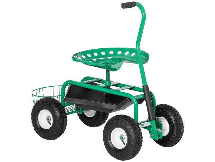 Outsunny Gartenwagen mit Rollsitz bis 150 kg mit Ablage Korb für kleine Gartengeräte, Grün, Metall, 45x87x98 cm, Gartenzubehör, Gartenpflege, Gartengeräte
