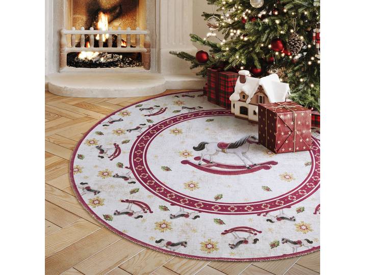 Teppich VILLEROY & BOCH Toy's Delight Limited Edition Santa Claus , beige (schaukelpferd), H:3mm Ø:160cm, Polyester, Teppiche, Teppich, Limited Edition, Weihnachten, Wohnzimmer, Baumrock, Waschbar, Rund