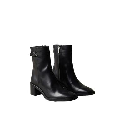 Stiefelette CALVIN KLEIN "BLOCK HEEL ANK BOOT LTH HDW", Damen, Gr. 38, schwarz, Leder, Schuhe Stiefelette, Ankle Boots mit CK-Schnalle, eckige Schuhspitze und Reißverschluss