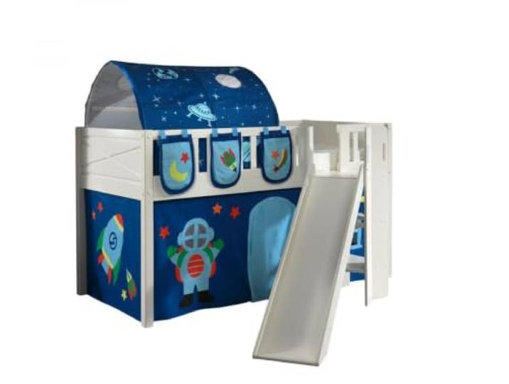 Halbhochschläfer Scottie 90x200 cm mit Rutsche, Astronautenspielvorhang, 3 Aufbewahrungstaschen und Betttunnel-weiß