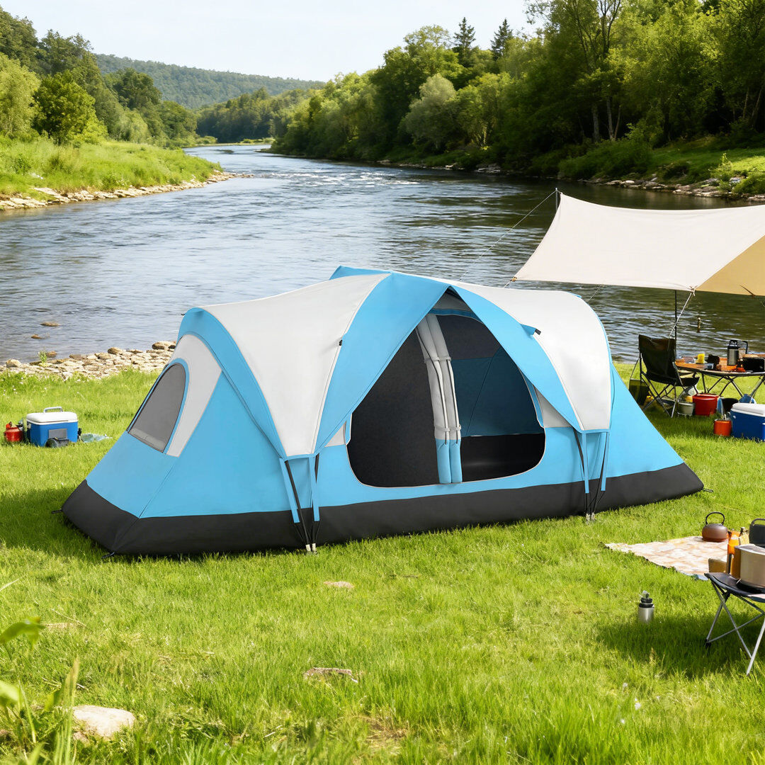 Outsunny 2 Room Camping Tent with Waterproof Rainfly & Screen Panels, Blue Sky Blue 6 Person