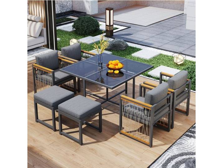 ROVRYN Ensemble table et chaises de jardin 7 pièces 6 personnes table carrée 117 x 117 cm verre trempé noir