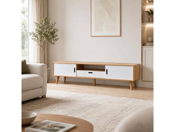 TV Board Lowboard TV Schrank Lowboard Fernsehtisch TV Bank Holz Wohnzimmer Massiv Bambus Schiebetüren Schublade(White,140cm/55in)