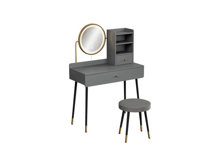 Vicco Schminktisch Mirela, Grau, 90 cm mit LED-Spiegel und Hocker, 2 Fächer, 1 Schubladen, Rechteckig, 90x130x40 cm, Schlafzimmer, Schminktische