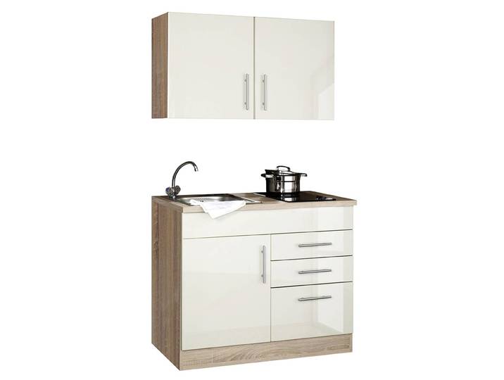 Single-Küchenzeile 100cm Beige/Hochglanz Crema Glaskeramik