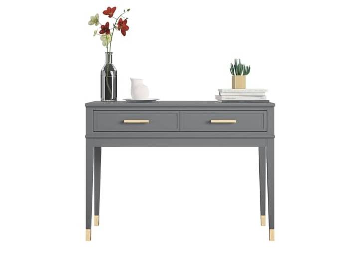 möbelando Konsolentisch >Bendik< Grau mit Eichenoptik-Füßen, MDF/Gummiholz, 105x76x40 cm, 2 Schubladen für Stauraum, modernes Design, teilmontiert, für Pflanzen und Dekoration.