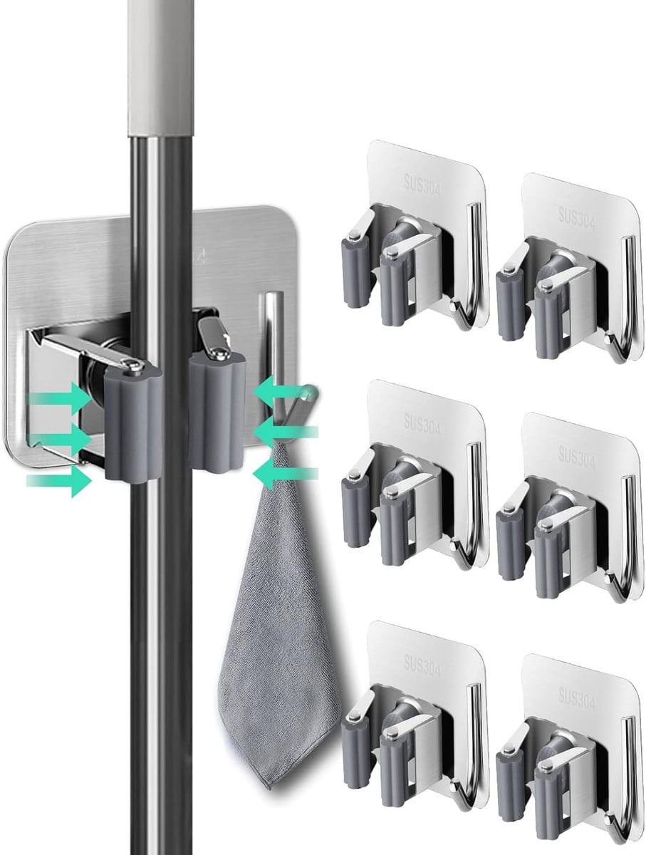 Famanu Bezemhouder Wandmontage Set van 6, RVS, Zilver
