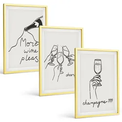 BILDER SET 3er Set - 40x60 cm Goldrahmen - Champagner-Wein-Linienzeichnung