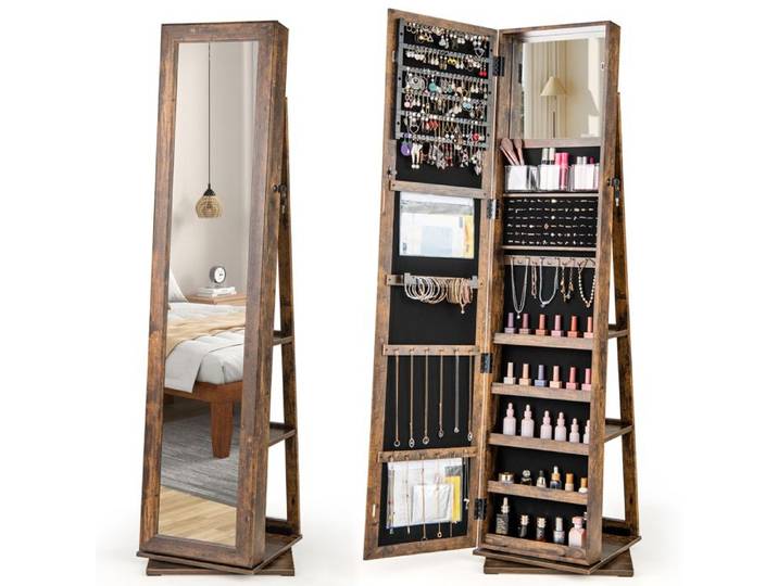 Armoire à bijoux sur pied miroir pivotante 360° rangement bijoux cosmétiques chambre dressing