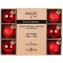 12 Weihnachtskugeln Glas 4cm Glitzer Schneeflocken Motiv Christbaumkugeln Weihnachtsbaumkugeln Christbaumschmuck Weihnachtsbaumschmuck Matt Glanz Rot