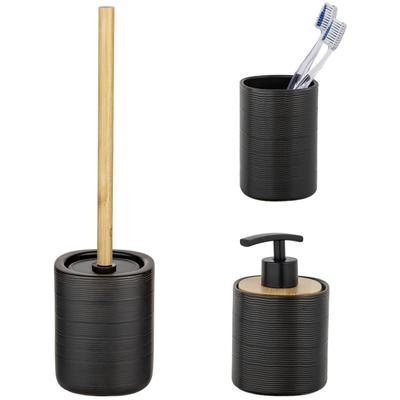 Badaccessoire-Set "»Zena«", schwarz, strukturiert, Edelstahl, Keramik, SCHÖNER WOHNEN-KOLLEKTION, Badaccessoires-Sets, Zahnputzbecher, Seifenspender & WC-Garnitur, aus Keramik mit Bambus