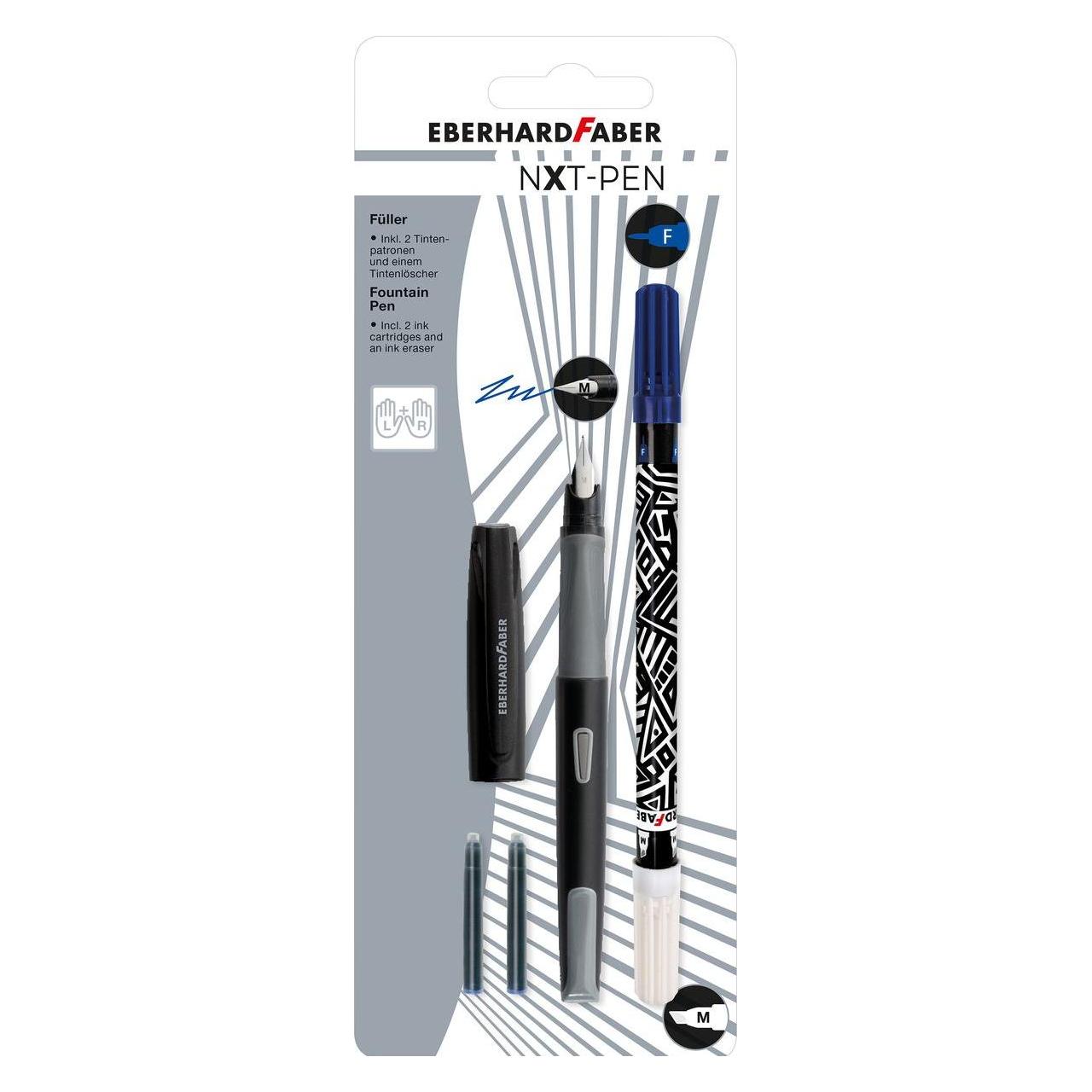 Magni EBERHARD FABER Füller Set NXT M Tintenlöscher 2 Patronen schwarz/grau 4 Teile RH LH Blister (551002)