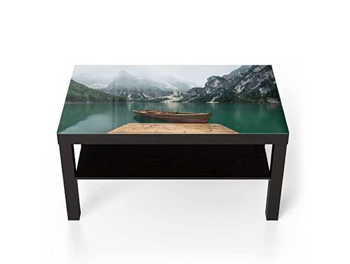 DEQORI Glastisch schwarz groß 90x50 cm Motiv Bergsee und Bootsteg ausgefallener Beistelltisch aus Glas Hochglanz Couchtisch fürs Wohnzimmer moderner Couch Tisch mit Design