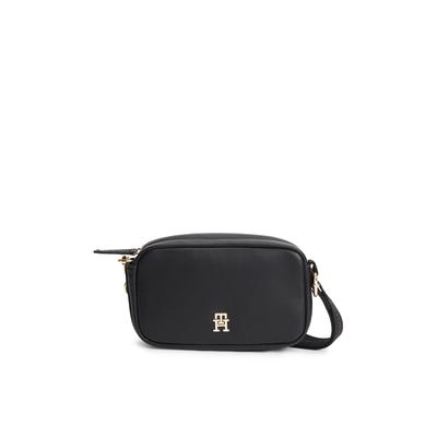 Umhängetasche TOMMY HILFIGER "TH LOGOTAPE CAMERA BAG", Damen, Gr. B/H/T: 18cm x 11,5cm x 6cm, schwarz, Lederimitat, Taschen Umhängetasche, Damen Handtasche, Schultertasche mit TH-Schmuckelement
