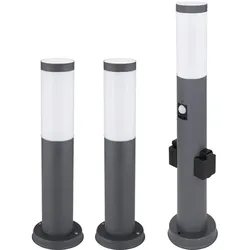 Sockelleuchte mit Steckdose und Bewegungsmelder Steckdosensäule Garten mit Licht, Edelstahl anthrazit, E27, 3er Set