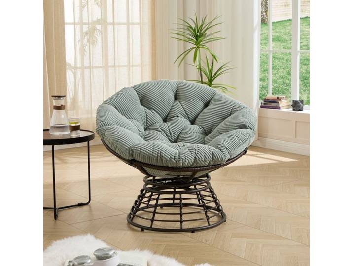 Fauteuil Papasan Pivotant à 360° en Résine Tressée - 92x92x67cm - Coussin Épais Velours Côtelé Confortable - Marron et Vert