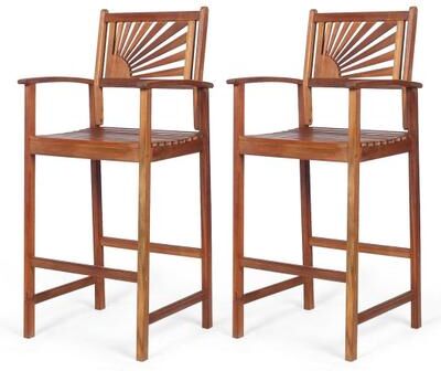 Costway 2 Pieces Outdoor Acacia Wood Bar Chairs with Sunflower Backrest and Armrests