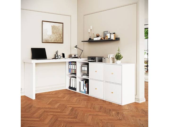 Bureau d'angle 360° Pivotant - MERAX - Bureau Modulable L-Forme ou Droit avec 4 Tiroirs et 4 Compartiments Blanc