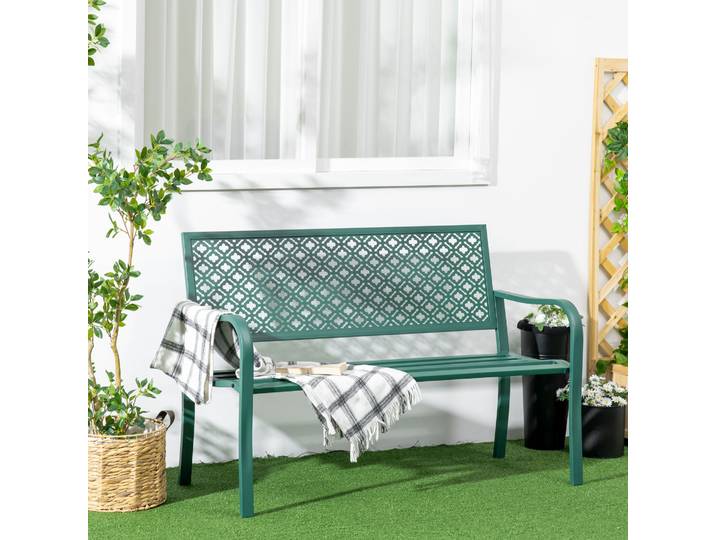 Outsunny Banc Extérieur Acier Floral 2 Places Vert Foncé