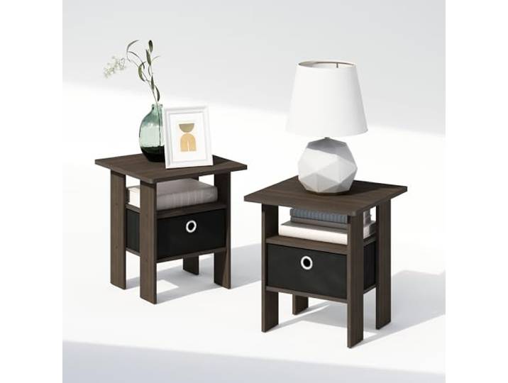 Furinno TIDUR 2er-Set Nachttische mit Aufbewahrungsbox, Dunkelbraun Beistelltisch mit offenem Regal, Nachttisch, für Schlafzimmer, Wohnzimmer
