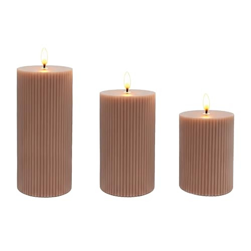 Relaxdays LED-kaarsen set van 3, roze stompkaarsen met flakkerend effect en wax afwerking