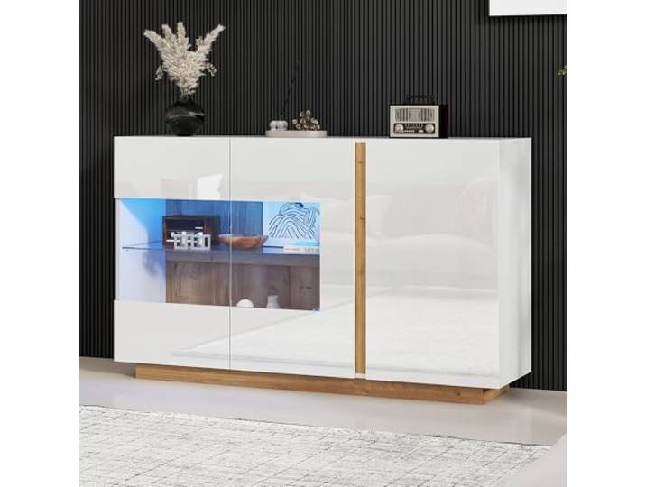 Merax Sideboard Kommode Weiße Hochglanz, Buffetschrank Küchenschrank mit LED Beleuchtung, Anrichte Flurschrank mit viel Stauraum, Verstellbare Ablage, Glastürdesign, für Wohnzimmer Esszimmer, 138cm